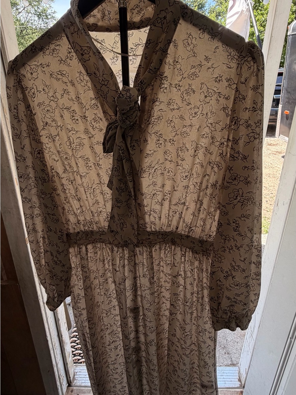 Tie-Neck Long Sleeve Midi Dress in Taupe Floral